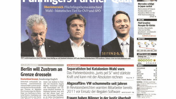 Titelseite des Kurier vom 28. September 2015 mit Nachrichten und Anzeigen.
