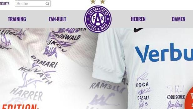 Die Webseite des FK Austria Wien mit Trikots und Fanartikeln.