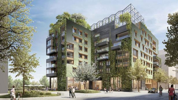 Ein begrüntes Wohnhaus in der Hafencity mit Bäumen auf dem Dach.