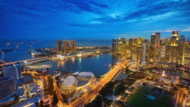 Aerial View Singapore Marina Bay at Dusk