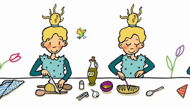 Eine stilisierte Illustration, die eine Person bei der Zubereitung von Essen zeigt.