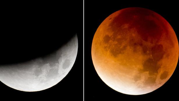 Ein Vergleich zwischen einer Mondsichel und einer totalen Mondfinsternis, bei der der Mond rötlich erscheint.