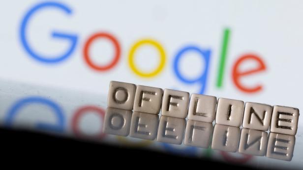 Illustration shows plastic letters arranged to read "Offline", and the Google logo