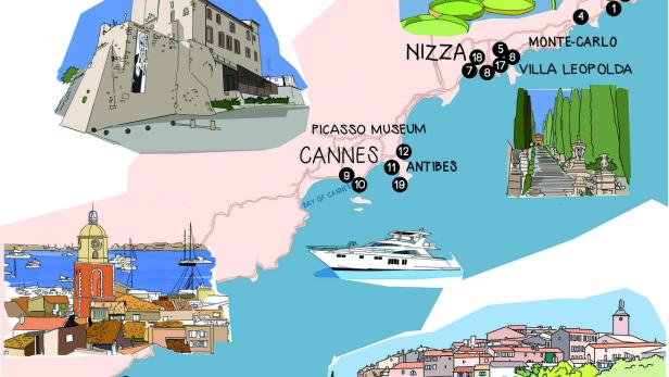 Eine illustrierte Karte der Côte d'Azur mit Sehenswürdigkeiten wie Nizza, Cannes und Saint-Tropez.