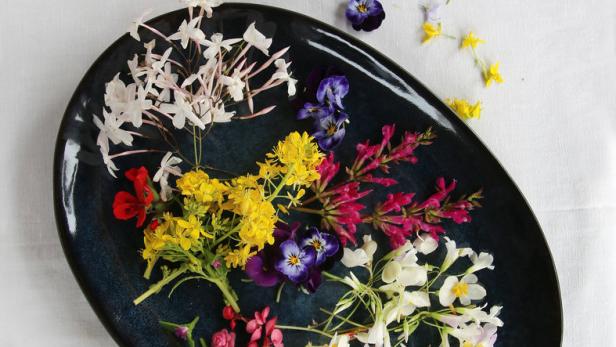 Verschiedene essbare Blüten auf einer dunklen Platte auf einem weißen Tuch angerichtet.