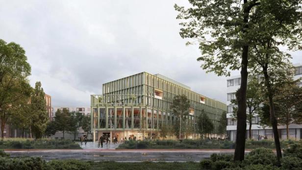 Das iCampus-Gebäude im Werksviertel an der Ampfingstraße mit Passanten davor.