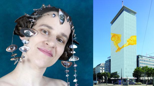 Eine Frau mit einem Kopfschmuck aus Augen und im Hintergrund ein Gebäude mit einem Kunstwerk in Wien.