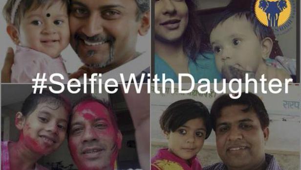 Collage von Selfies von Vätern mit ihren Töchtern unter dem Hashtag #SelfieWithDaughter.