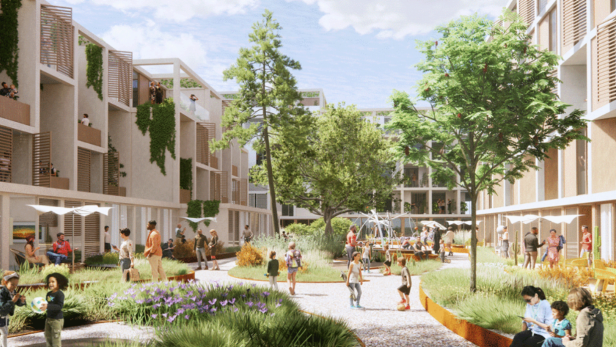 Ein Innenhof in San Diego mit spielenden Kindern und entspannten Erwachsenen.