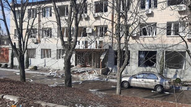 A view shows a building damaged by shelling in Kramatorsk