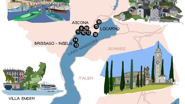 Eine illustrierte Karte des Lago Maggiore mit Sehenswürdigkeiten wie Ascona, Locarno und den Brissago-Inseln.