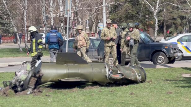 Remains of a missile are seen near a railway station, in Kramatorsk