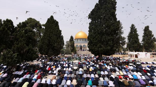 Muslims pray during first Friday prayer of Muslim holy month of Ramadan in Jerusalem's Old City