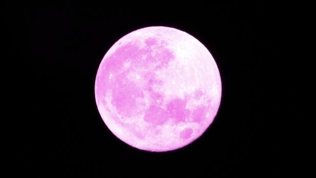 Ein pinkfarbener Vollmond vor einem schwarzen Nachthimmel.