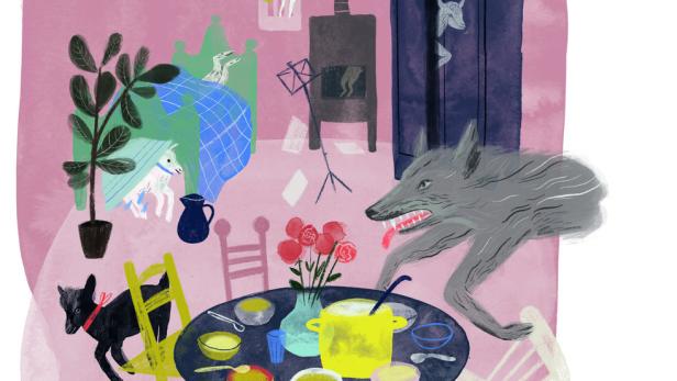 Illustration des Märchens „Der Wolf und die sieben Geißlein“ in einem Wohnzimmer.