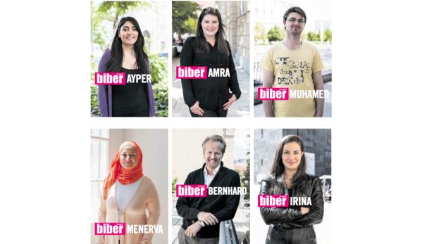 Eine Collage zeigt Porträts von Ayper, Amra, Muhamed, Menerva, Bernhard und Irina.