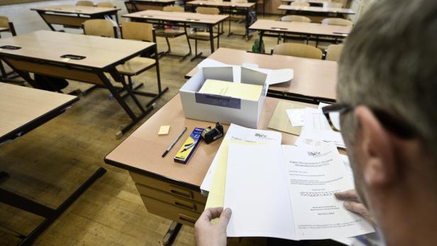 Ein Lehrer bereitet in einem Klassenzimmer eine Englischprüfung vor.