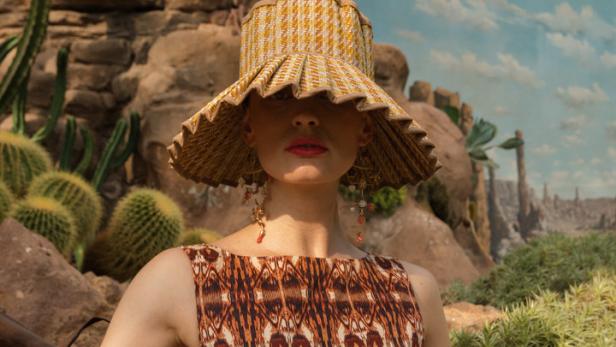 Eine Frau mit Hut und gemustertem Kleid posiert vor einer Felswand mit Kakteen.