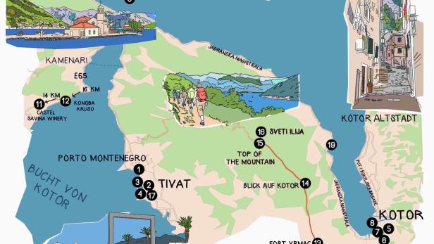 Eine illustrierte Karte der Bucht von Kotor in Montenegro mit Sehenswürdigkeiten.