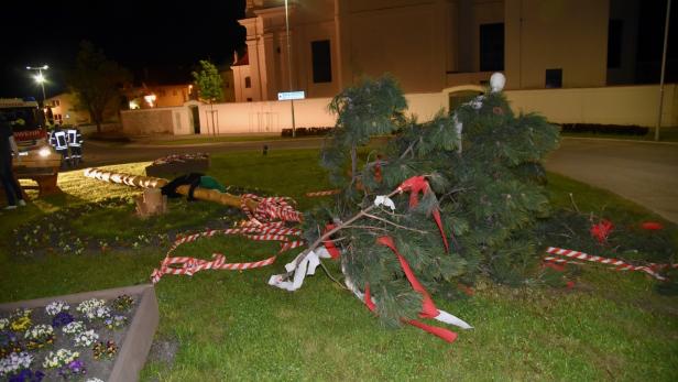 Maibaum in Pottendorf stürzte vom Kreisverkehr auf Fahrbahn