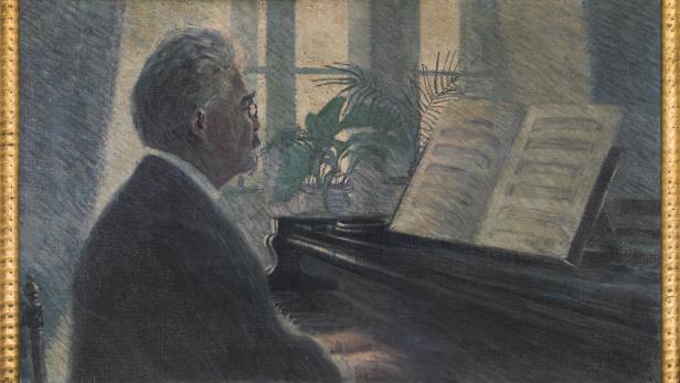 Ein Gemälde zeigt einen Mann mit Brille, der Klavier spielt.