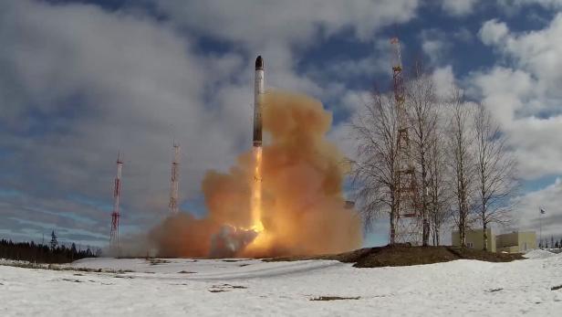 A Sarmat intercontinental ballistic missile is test-launched in Arkhangelsk region