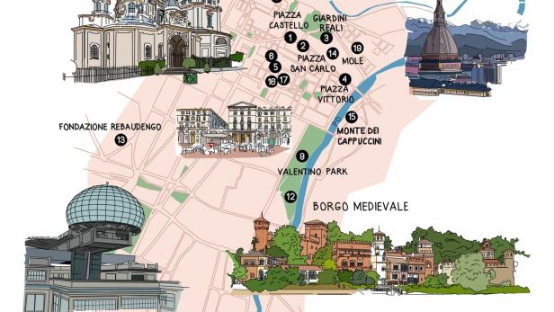 Eine illustrierte Karte von Turin mit Sehenswürdigkeiten wie dem Mole Antonelliana und dem Museo Nazionale dell'Automobile.