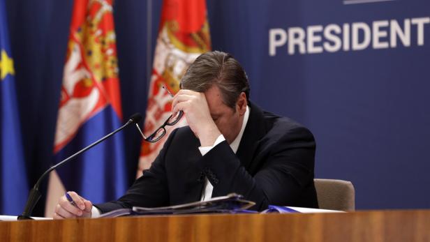 Serbian President Aleksandar Vucic holds a press conference