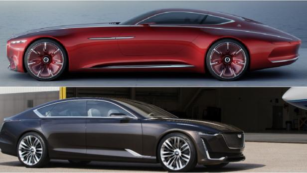 Ein roter Mercedes-Maybach Vision 6 und ein brauner Cadillac Escala Concept stehen nebeneinander.