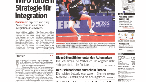 Titelseite des Kurier vom 30. September 2015.