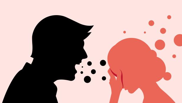 Adult man screams at a woman. Man is angry at his wife. Silhouette of couple. Abuse, punishment, suppression, abuse, scream.