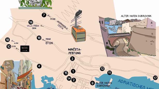 Eine illustrierte Karte von Dubrovnik und Umgebung mit Sehenswürdigkeiten und Entfernungsangaben.