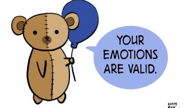 Ein Teddybär hält einen blauen Ballon und sagt: „Deine Gefühle sind gültig.“.