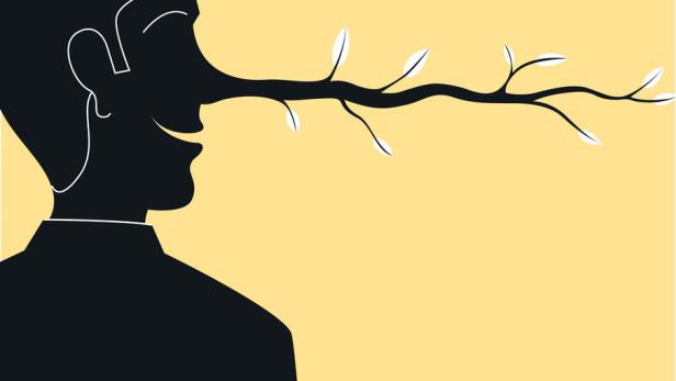 Die Nase einer Person ist zu einem Ast mit Blättern geworden, während sie die Finger gekreuzt hält.