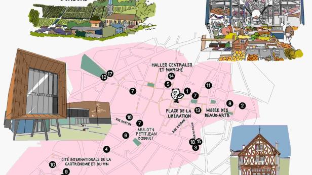 Eine illustrierte Karte von Dijon, Burgund, mit Sehenswürdigkeiten wie den Halles Centrales und dem Musée des Beaux-Arts.