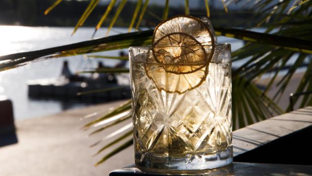 Ein Cocktail mit Eis und Zitronenscheiben vor einer Küstenlandschaft.