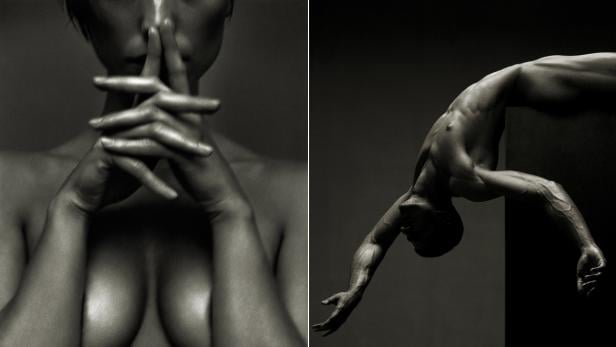 Eine Schwarz-Weiß-Komposition zweier Körper in expressiven Posen.