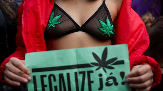 People take part in the march for marijuana, in favor of the decriminalization of cannabis, in Sao Paulo