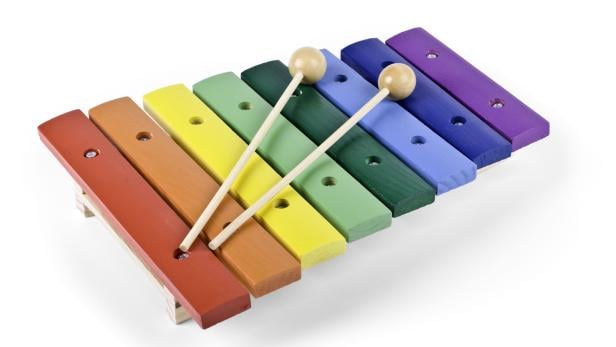 Rainbow colored toy xylophone with wooden mallets