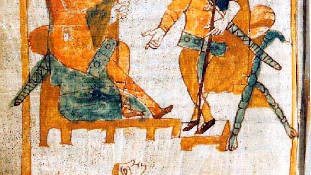 Eine mittelalterliche Buchmalerei mit zwei Königen und einem Schreiber.