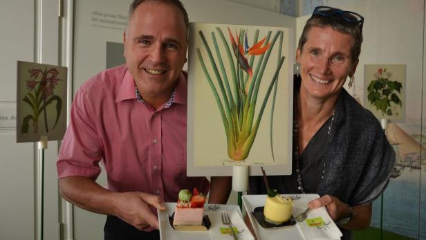 Zu Gast bei..., Meisterpatissier Herwig Gasser, Ulrike Scholda,Leiterin der Museen Baden, Meisterpatissier Herwig Gasser, Kaiserhaus Baden, Ausstellung Gartenmanie der Habsburger