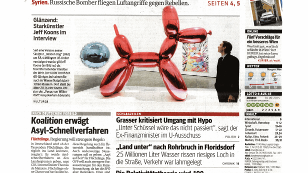 Titelseite des Kurier vom 1. Oktober 2015 mit einer roten Ballonhund-Skulptur von Jeff Koons.