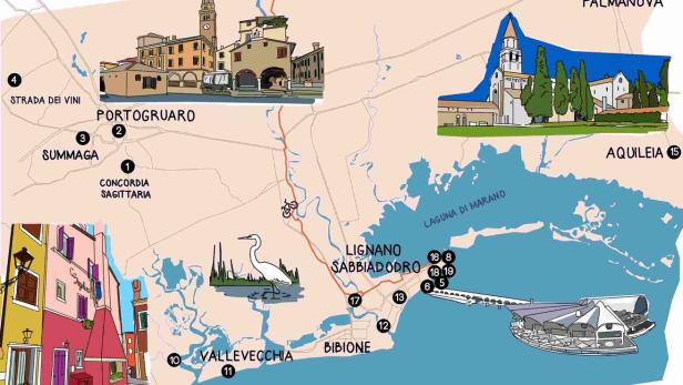 Eine Karte der Region Friaul-Julisch Venetien mit Sehenswürdigkeiten wie Palmanova und Aquileia.