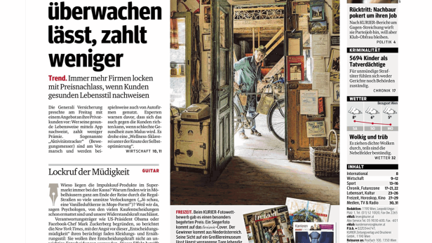 Titelseite des Kurier vom 22. November 2014 mit Artikeln zu verschiedenen Themen.
