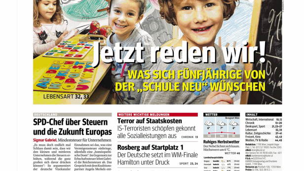 Titelseite der Zeitung „Kurier am Sonntag“ vom 23. November 2014 mit Kindern im Vorschulalter.