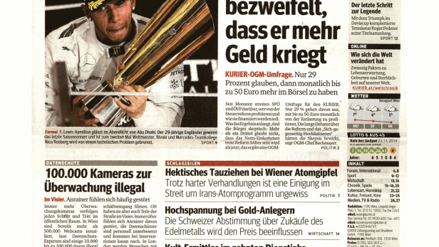 Titelseite des Kurier vom 24. November 2014 mit Lewis Hamilton und Nachrichten.