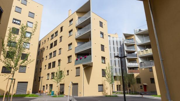 Mehrere moderne Mehrfamilienhäuser mit gelben Fassaden und Balkonen umgeben einen Innenhof.