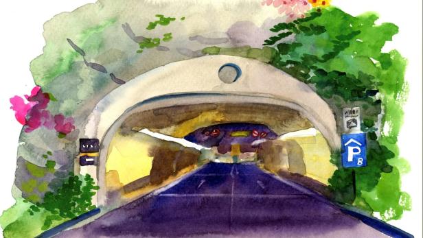 Aquarellmalerei einer Tunneleinfahrt mit üppiger Vegetation und einem Auto im Inneren.