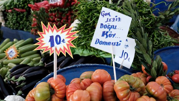 A price tag for tomatoes is pictured at a street market in Istanbul