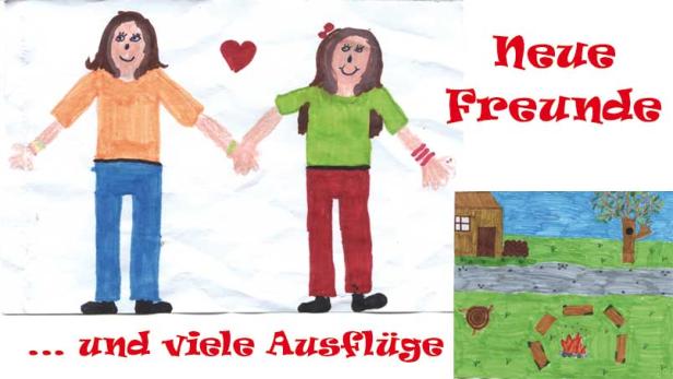 Eine Kinderzeichnung zeigt zwei Mädchen, die Händchen halten, mit dem Text „Neue Freunde und viele Ausflüge“.